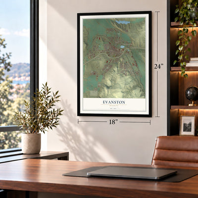 Evanston, Wyoming map, 18 x 24 inch print in a black frame in a home office