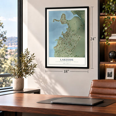 Lakeside, San Patricio County, Texas map, 18 x 24 inch print in a black frame in a home office
