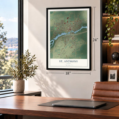 St. Anthony, Idaho map, 18 x 24 inch print in a black frame in a home office