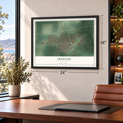 Trenton, Illinois map, 18 x 24 inch print in a black frame in a home office