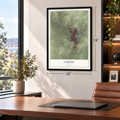 Laredo, Texas map, 18 x 24 inch print in a black frame in a home office