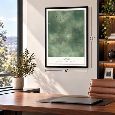 Home, Montcalm County, Michigan map, 18 x 24 inch print in a black frame in a home office