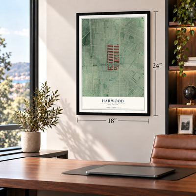 Harwood, Maryland map, 18 x 24 inch print in a black frame in a home office