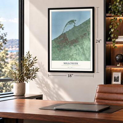 Millcreek, Erie County, Pennsylvania map, 18 x 24 inch print in a black frame in a home office