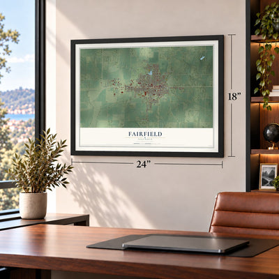 Fairfield, Illinois map, 18 x 24 inch print in a black frame in a home office