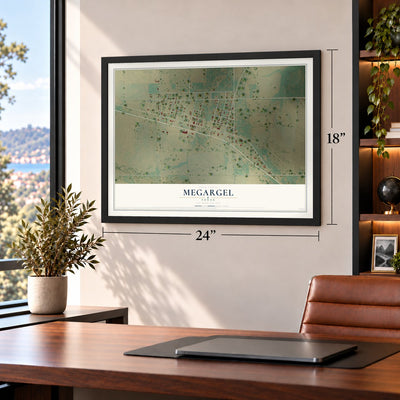 Megargel, Texas map, 18 x 24 inch print in a black frame in a home office