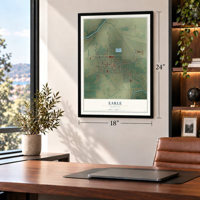 Earle, Arkansas map, 18 x 24 inch print in a black frame in a home office
