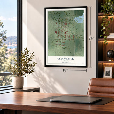 Clearwater, Nebraska map, 18 x 24 inch print in a black frame in a home office