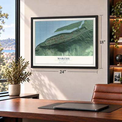 Marcus, Washington map, 18 x 24 inch print in a black frame in a home office