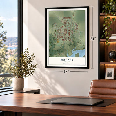 Bethany, Illinois map, 18 x 24 inch print in a black frame in a home office
