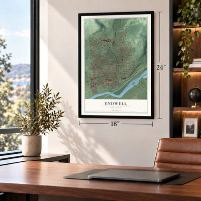 Endwell, New York map, 18 x 24 inch print in a black frame in a home office