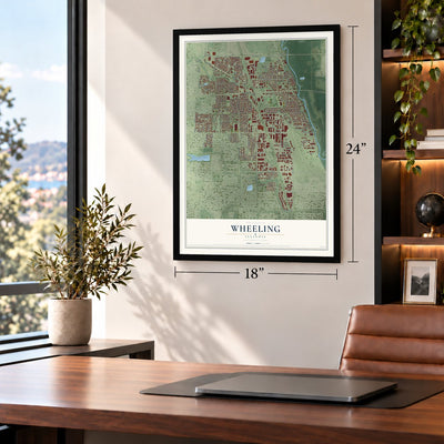 Wheeling, Illinois map, 18 x 24 inch print in a black frame in a home office