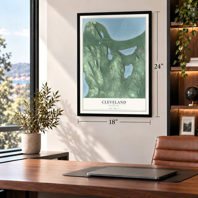 Cleveland, Michigan map, 18 x 24 inch print in a black frame in a home office