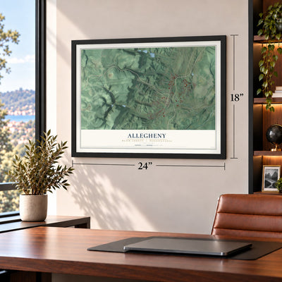 Allegheny, Blair County, Pennsylvania map, 18 x 24 inch print in a black frame in a home office