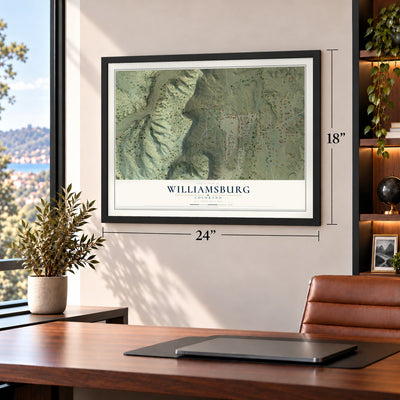 Williamsburg, Colorado map, 18 x 24 inch print in a black frame in a home office