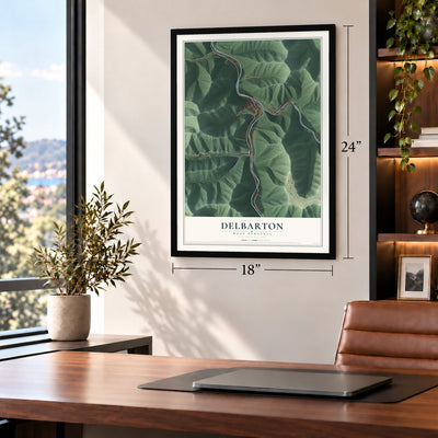 Delbarton, West Virginia map, 18 x 24 inch print in a black frame in a home office