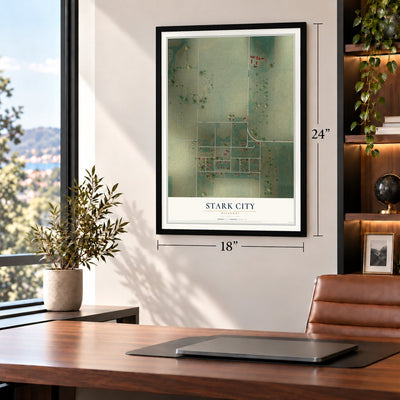 Stark City, Missouri map, 18 x 24 inch print in a black frame in a home office