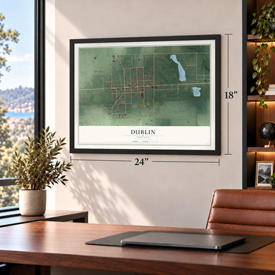 Dublin, Indiana map, 18 x 24 inch print in a black frame in a home office