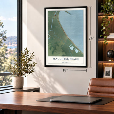 Slaughter Beach, Delaware map, 18 x 24 inch print in a black frame in a home office