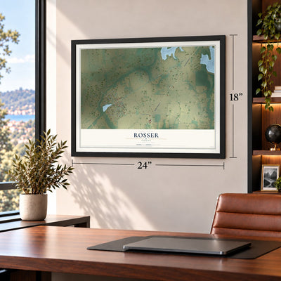 Rosser, Texas map, 18 x 24 inch print in a black frame in a home office