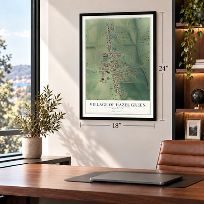 Hazel Green, Wisconsin map, 18 x 24 inch print in a black frame in a home office
