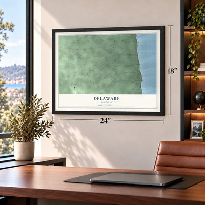 Delaware, Michigan map, 18 x 24 inch print in a black frame in a home office
