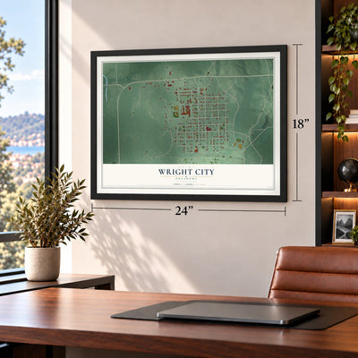 Wright City, Oklahoma map, 18 x 24 inch print in a black frame in a home office