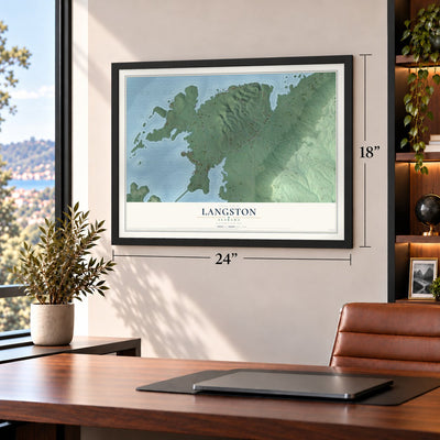 Langston, Alabama map, 18 x 24 inch print in a black frame in a home office
