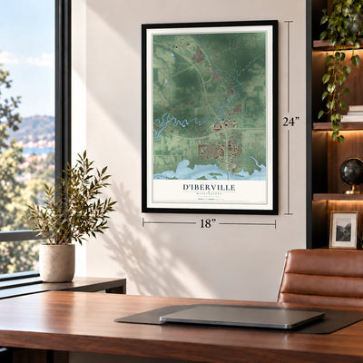 D'Iberville, Mississippi map, 18 x 24 inch print in a black frame in a home office