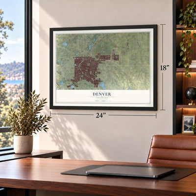 Denver, Colorado map, 18 x 24 inch print in a black frame in a home office