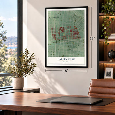 Harlem Park, Maryland map, 18 x 24 inch print in a black frame in a home office