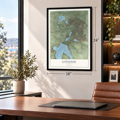 Littleton, Colorado map, 18 x 24 inch print in a black frame in a home office