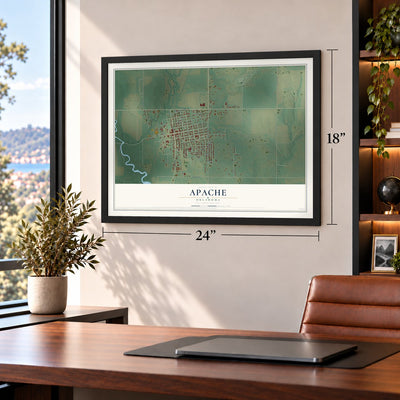 Apache, Oklahoma map, 18 x 24 inch print in a black frame in a home office