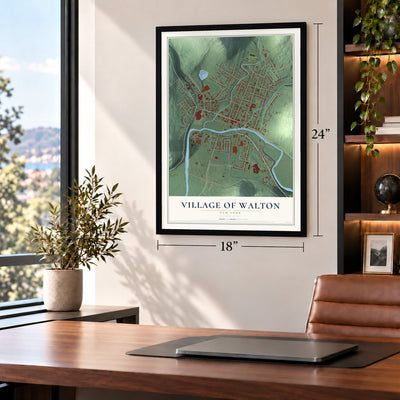 Village of Walton, New York map, 18 x 24 inch print in a black frame in a home office