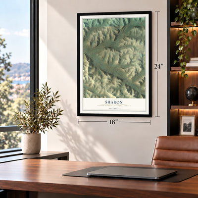 Sharon, Potter County, Pennsylvania map, 18 x 24 inch print in a black frame in a home office