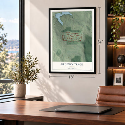 Regency Trace, Georgia map, 18 x 24 inch print in a black frame in a home office