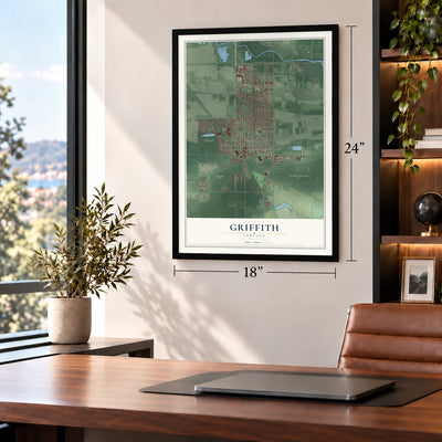 Griffith, Indiana map, 18 x 24 inch print in a black frame in a home office