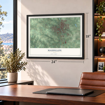 Massillon, Ohio map, 18 x 24 inch print in a black frame in a home office