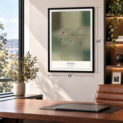Paoli, Colorado map, 18 x 24 inch print in a black frame in a home office