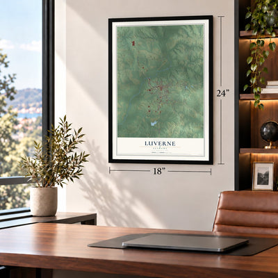 Luverne, Alabama map, 18 x 24 inch print in a black frame in a home office
