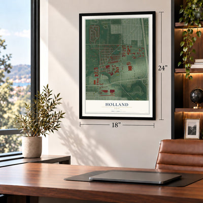 Holland, Ohio map, 18 x 24 inch print in a black frame in a home office