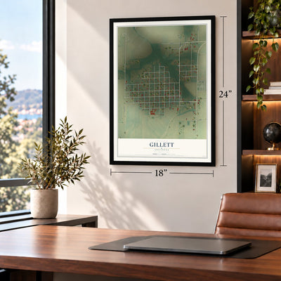 Gillett, Arkansas map, 18 x 24 inch print in a black frame in a home office