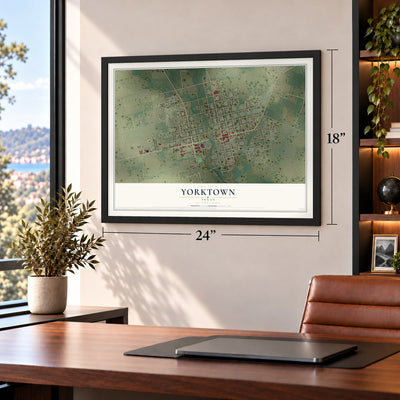 Yorktown, Texas map, 18 x 24 inch print in a black frame in a home office