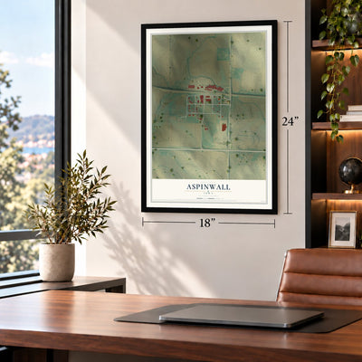 Aspinwall, Iowa map, 18 x 24 inch print in a black frame in a home office