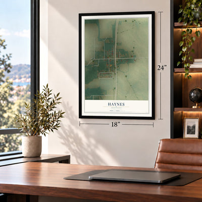 Haynes, Arkansas map, 18 x 24 inch print in a black frame in a home office