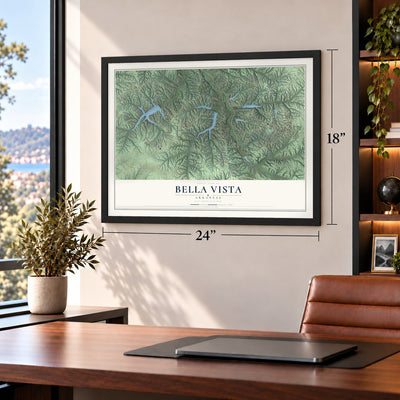 Bella Vista, Arkansas map, 18 x 24 inch print in a black frame in a home office
