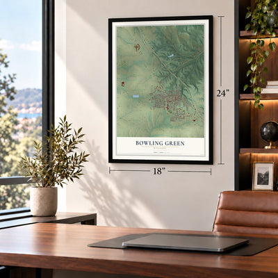 Bowling Green, Missouri map, 18 x 24 inch print in a black frame in a home office