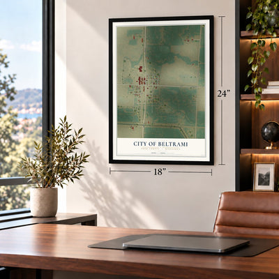 Beltrami, Minnesota map, 18 x 24 inch print in a black frame in a home office