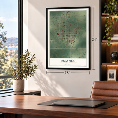 Braymer, Missouri map, 18 x 24 inch print in a black frame in a home office