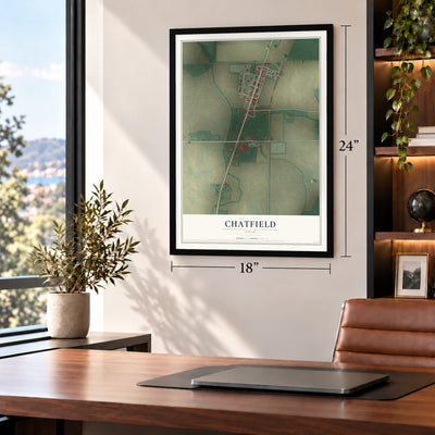 Chatfield, Ohio map, 18 x 24 inch print in a black frame in a home office